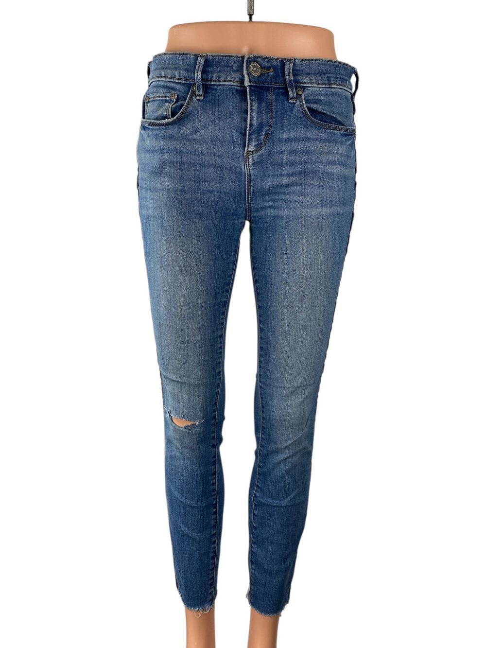 Loft Blue Side Striped Ripped Distressed High Rise Skinny Denim Jeans Pants Sz 2